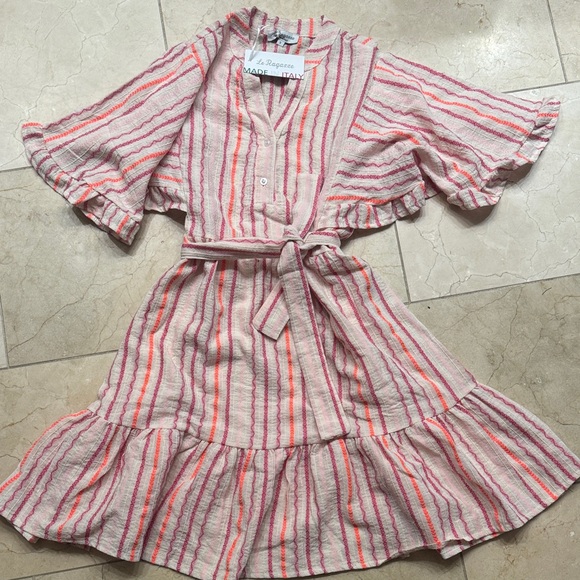 Striped Mini Dress with Belt - Pink and Red small - Picture 1 of 8